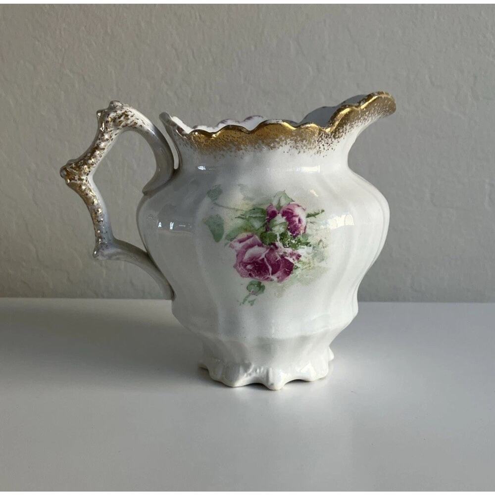 Vintage Sevres Creamer Vase Decorative Floral Gold Accents Handle Rose Purple